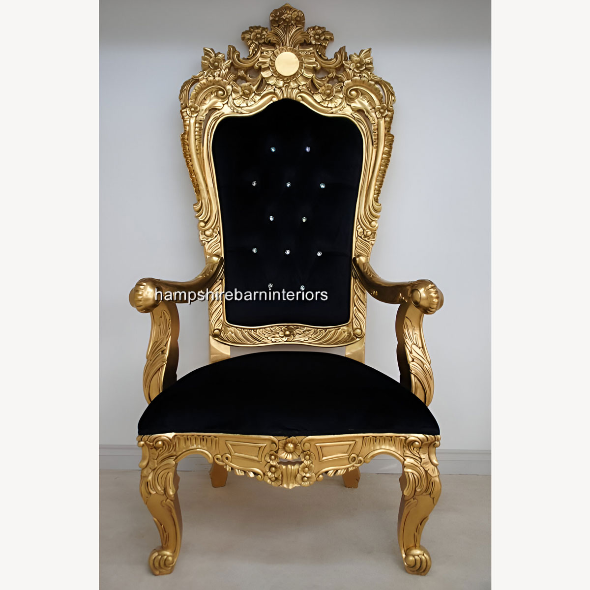 A Beautiful Emperor Rose Large Ornate Throne Chair Shown In Gold Leaf And With Crystal Diamond Buttons 2 - Hampshire Barn Interiors - A Beautiful Emperor Rose Large Ornate Throne Chair Shown In Gold Leaf And With Crystal Diamond Buttons -