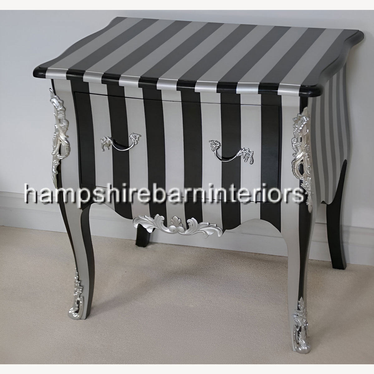 A Black Silver Stripe Designers Side Cabinet With Metallic Edges 2 - Hampshire Barn Interiors - A Black & Silver Stripe Designers Side Cabinet (With Metallic Edges) -