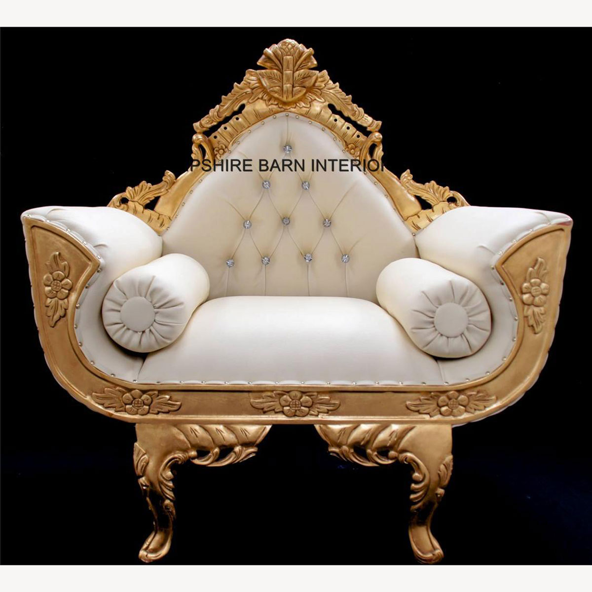 A Catherine Ornate Gold Royal Wedding 3 Piece Set Suite One Sofa And Two Chairs In Faux Cream Leather With Diamond Crystal Buttons 2 - Hampshire Barn Interiors - A Catherine Ornate Gold Royal Wedding 3 Piece Set / Suite (One Sofa And Two Chairs) In Faux Cream Leather With Diamond Crystal Buttons -