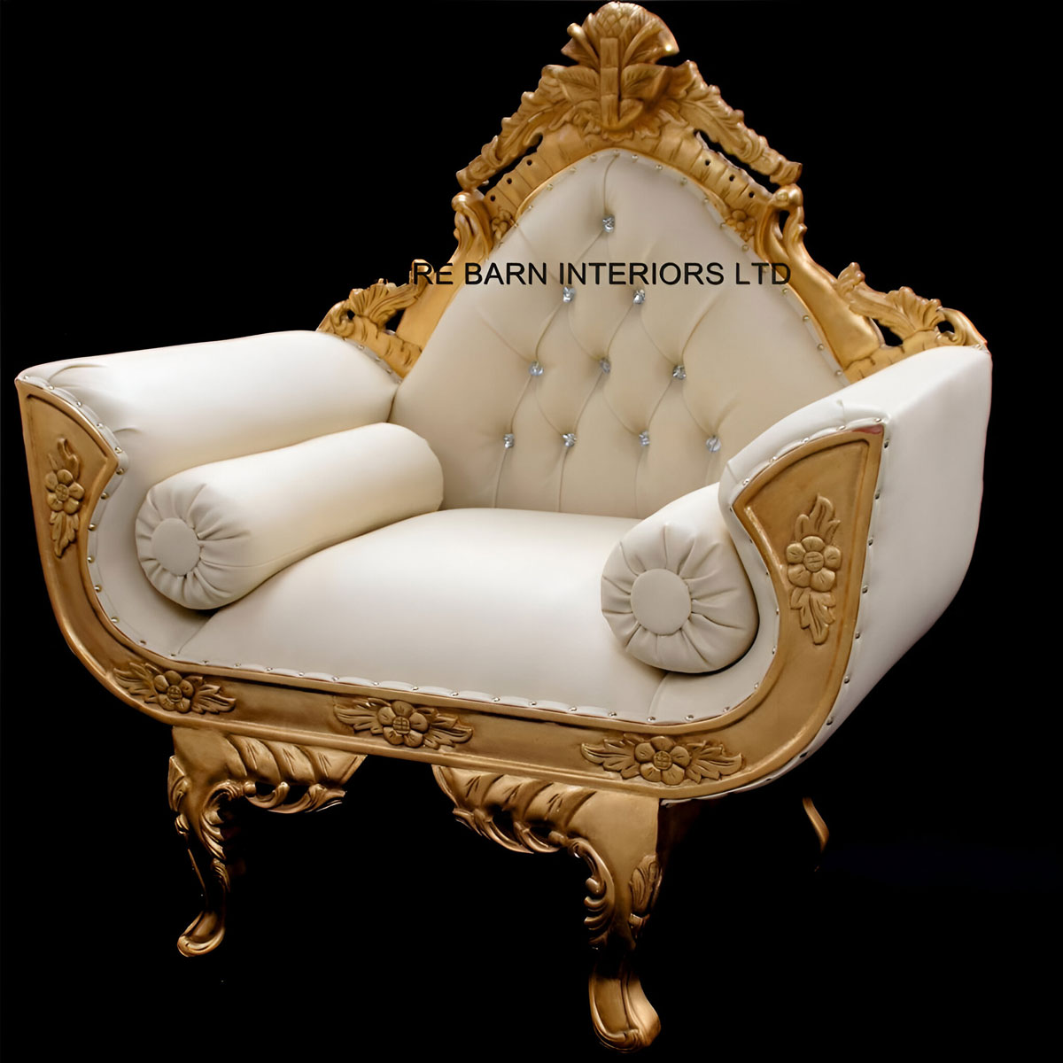 A Catherine Ornate Gold Royal Wedding 3 Piece Set Suite One Sofa And Two Chairs In Faux Cream Leather With Diamond Crystal Buttons 7 - Hampshire Barn Interiors - A Catherine Ornate Gold Royal Wedding 3 Piece Set / Suite (One Sofa And Two Chairs) In Faux Cream Leather With Diamond Crystal Buttons -