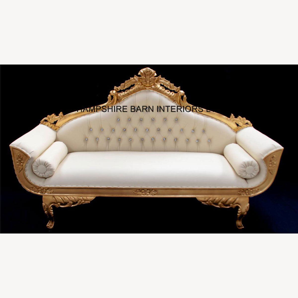 A Catherine Ornate Gold Royal Wedding 3 Piece Set Suite One Sofa And Two Chairs In Faux Cream Leat - Hampshire Barn Interiors - A Catherine Ornate Gold Royal Wedding 3 Piece Set / Suite (One Sofa And Two Chairs) In Faux Cream Leather With Diamond Crystal Buttons -