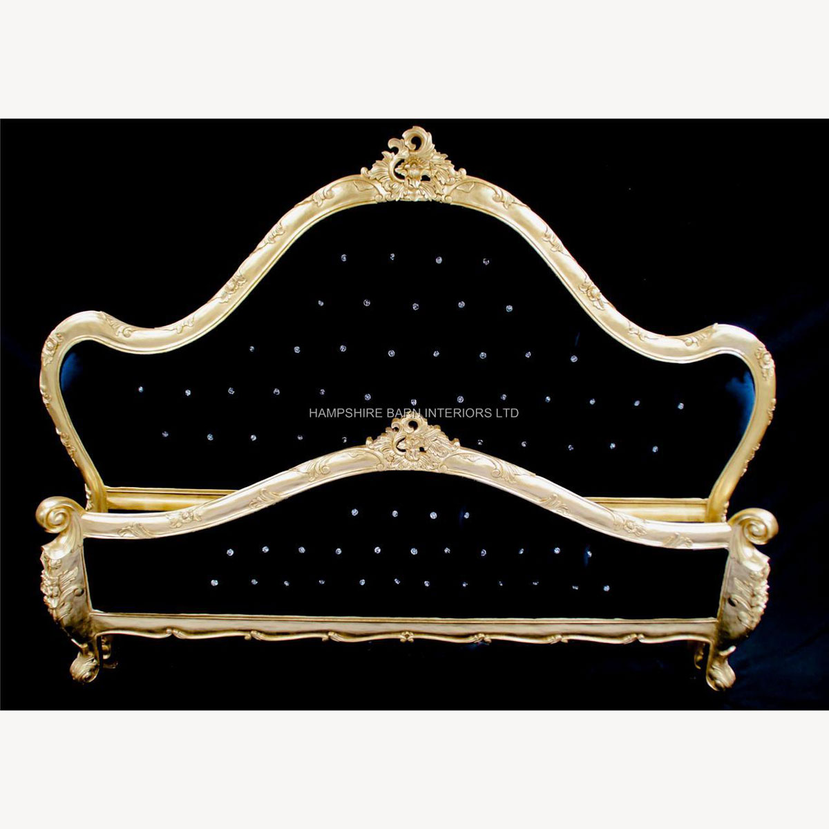 A Charles French Louis Style Bed In Gold Leaf and upholstered in a black velvet fabric with crystals 1 - Hampshire Barn Interiors - A Charles French Louis Style Bed In Gold Leaf and upholstered in a black velvet fabric with crystals -