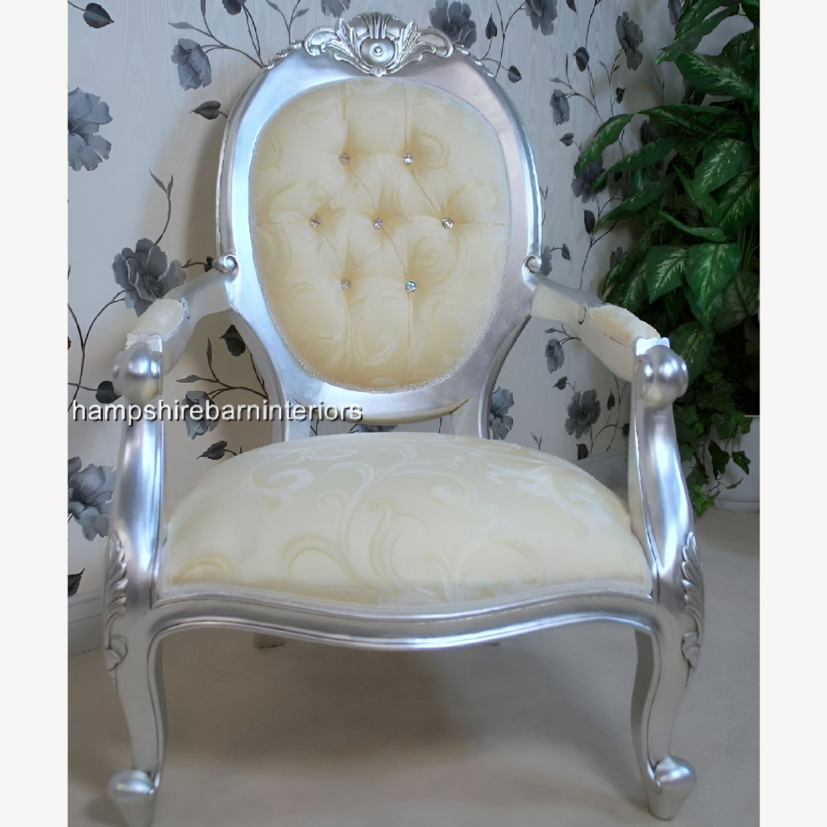 A Chatsworth Arm Throne Chair In Silver Leaf Crystal Buttons And Cream Fabric 1 - Hampshire Barn Interiors - A Chatsworth Arm Throne Chair In Silver Leaf Crystal Buttons And Cream Fabric -