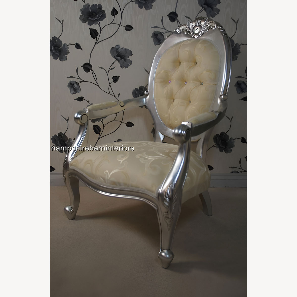 A Chatsworth Arm Throne Chair In Silver Leaf Crystal Buttons And Cream Fabric 3 - Hampshire Barn Interiors - A Chatsworth Arm Throne Chair In Silver Leaf Crystal Buttons And Cream Fabric -