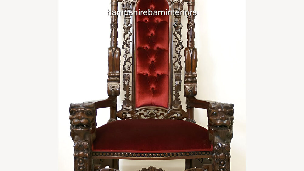 A Gothic Lion King Throne Chair In Mahogany And Red Velvet 1 - Hampshire Barn Interiors - A Gothic Lion King Throne Chair In Mahogany And Red Velvet -