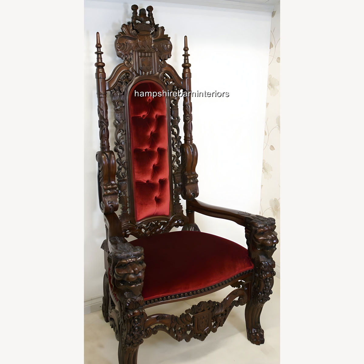 A Gothic Lion King Throne Chair In Mahogany And Red Velvet 2 - Hampshire Barn Interiors - A Gothic Lion King Throne Chair In Mahogany And Red Velvet -