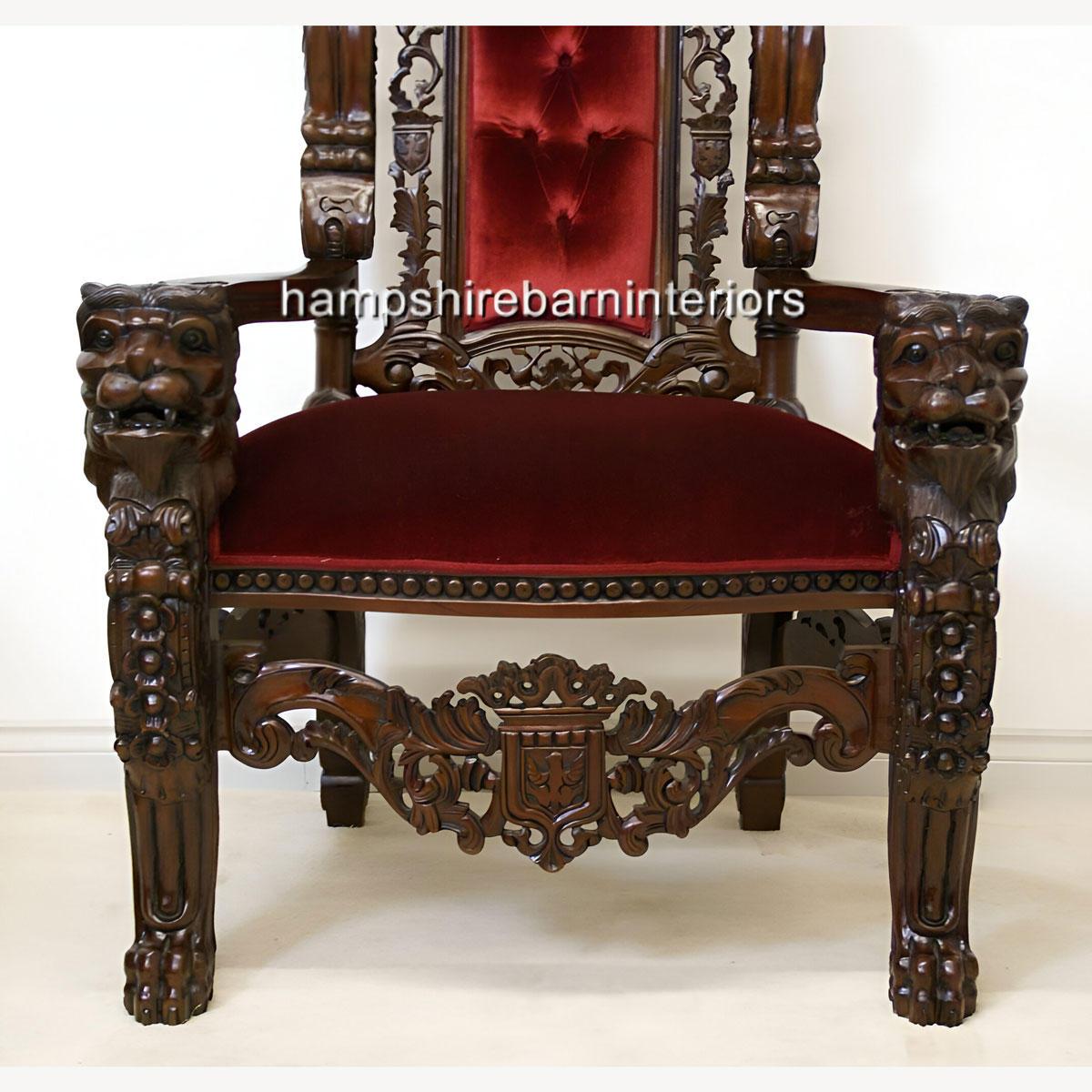 A Gothic Lion King Throne Chair In Mahogany And Red Velvet 3 - Hampshire Barn Interiors - A Gothic Lion King Throne Chair In Mahogany And Red Velvet -