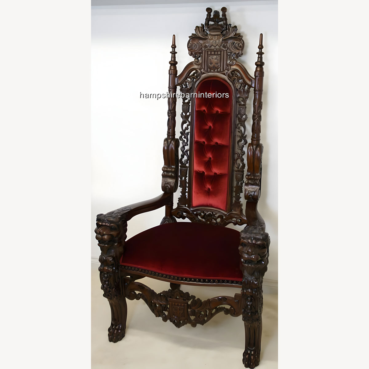 A Gothic Lion King Throne Chair In Mahogany And Red Velvet 4 - Hampshire Barn Interiors - A Gothic Lion King Throne Chair In Mahogany And Red Velvet -