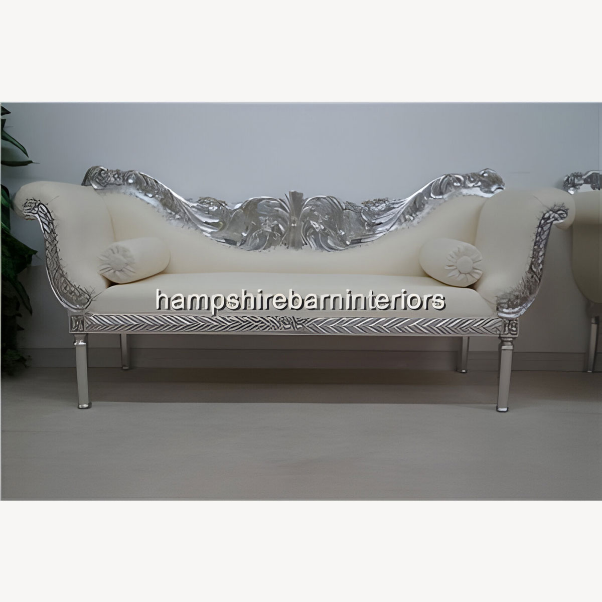 A Prianka 3 Piece Wedding Set Sofa Plus Two Chairs In Silver Leaf And White Faux Leather 1 - Hampshire Barn Interiors - A Prianka 3 Piece Wedding Set (Sofa Plus Two Chairs) In Silver Leaf And White Faux Leather -