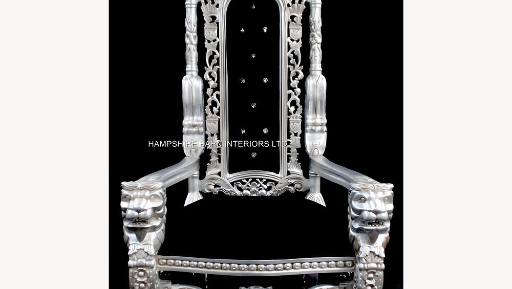 A Silver Lion King Throne Chair W Black Velvet With Crystals 1 - Hampshire Barn Interiors - A Silver Lion King Throne Chair W Black Velvet With Crystals -