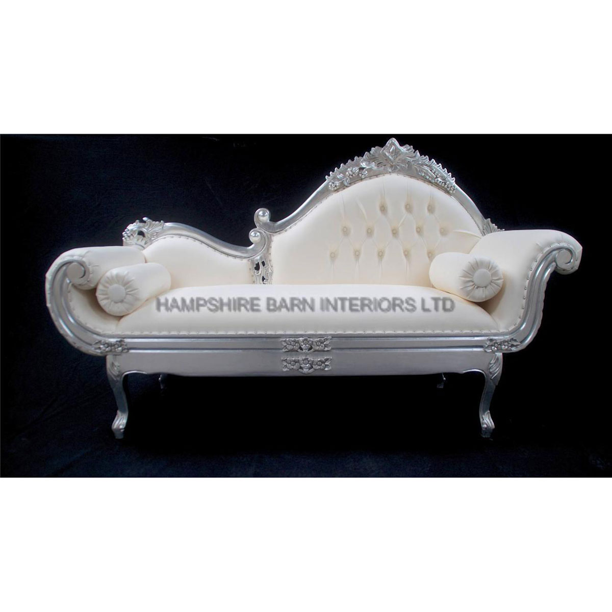 Amberley Chaise Longue Medium Size Ornate Silver Leaf With White Faux Leather 1 - Hampshire Barn Interiors - Amberley Chaise Longue Medium Size Ornate Silver Leaf With White Faux Leather -