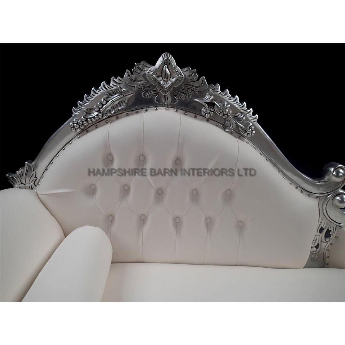 Amberley Chaise Longue Medium Size Ornate Silver Leaf With White Faux Leather 2 - Hampshire Barn Interiors - Amberley Chaise Longue Medium Size Ornate Silver Leaf With White Faux Leather -