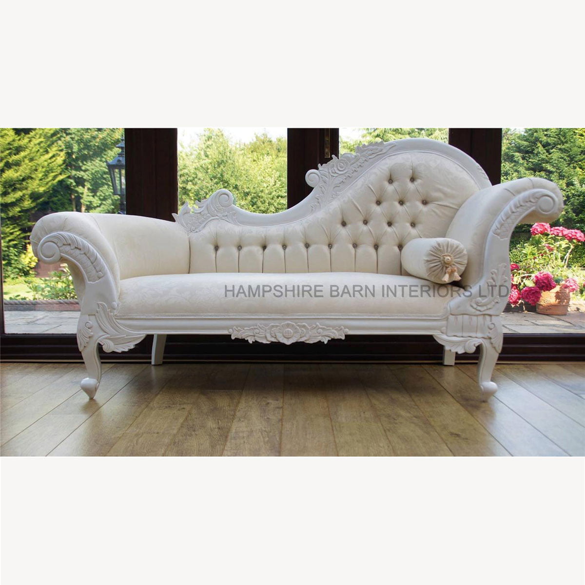 An Antique White Ornate Medium Hampshire Chaise with ivory cream fabric with crystal buttoning 5 - Hampshire Barn Interiors - Antique White Ornate Medium Hampshire Chaise With Ivory Cream Fabric With Crystal Buttoning -