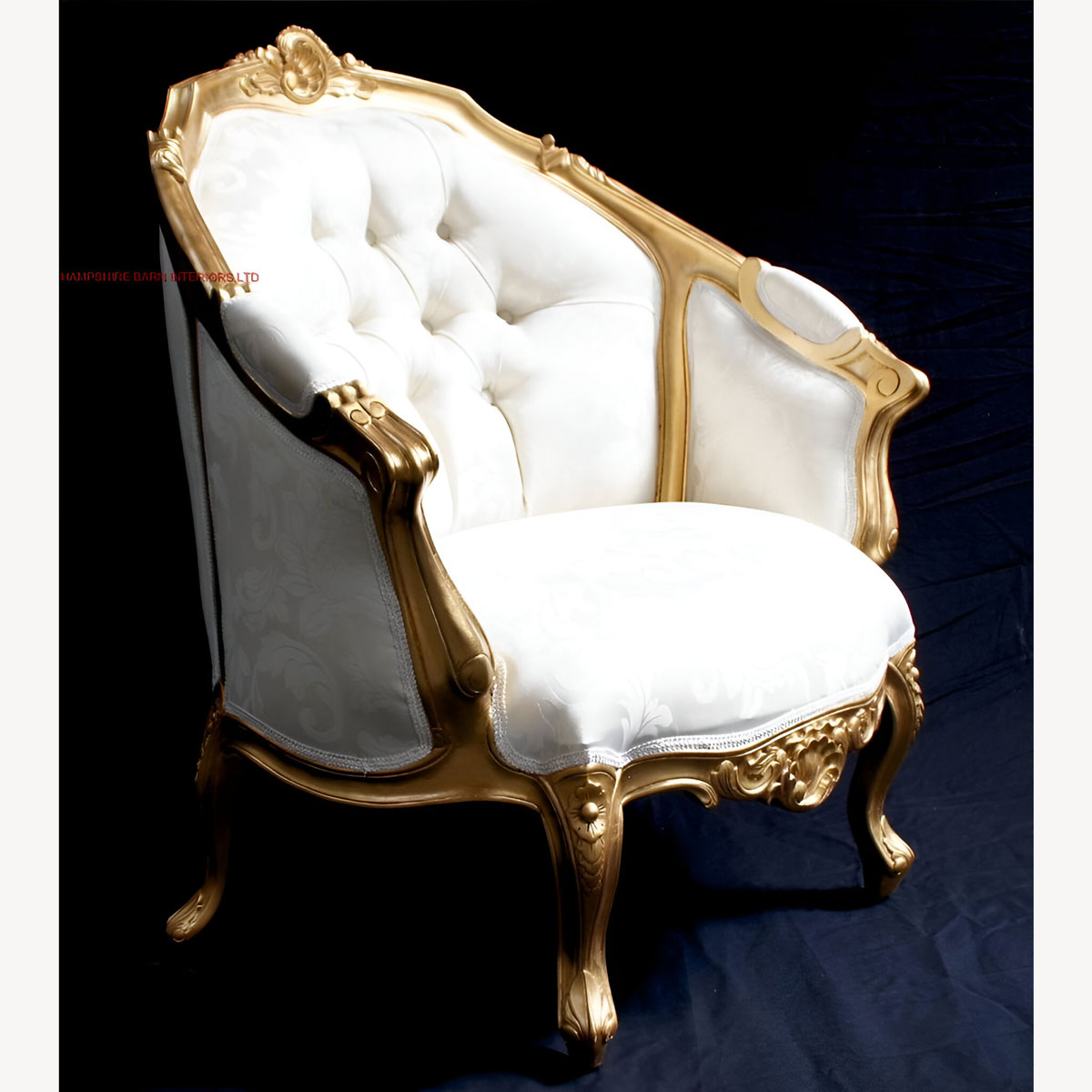 An Ascot Three Piece Salon Set Sofa Plus Two Armchairs Shown In Gold Leaf With Ivory Cream Fabric 4 - Hampshire Barn Interiors - An Ascot Three Piece Salon Set (Sofa Plus Two Armchairs) Shown In Gold Leaf With Ivory Cream Fabric -