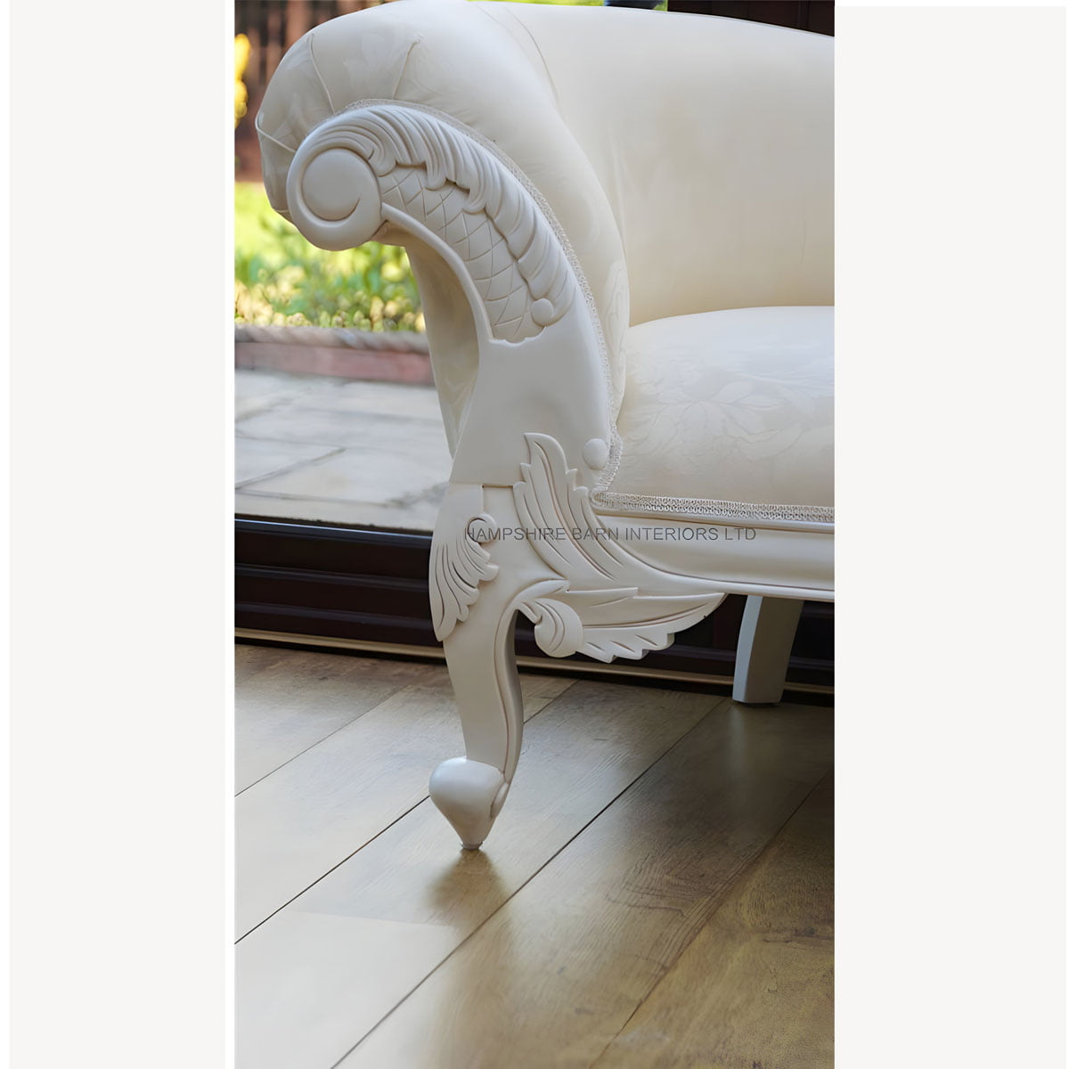 Antique White Ornate Medium Hampshire Chaise With Ivory Cream Fabric With Crystal Buttoning 3 - Hampshire Barn Interiors - Antique White Ornate Medium Hampshire Chaise With Ivory Cream Fabric With Crystal Buttoning -