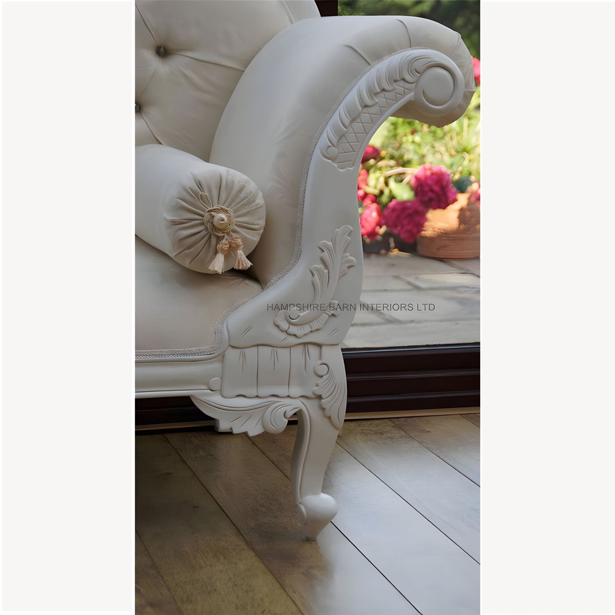 Antique White Ornate Medium Hampshire Chaise With Ivory Cream Fabric With Crystal Buttoning 4 - Hampshire Barn Interiors - Antique White Ornate Medium Hampshire Chaise With Ivory Cream Fabric With Crystal Buttoning -