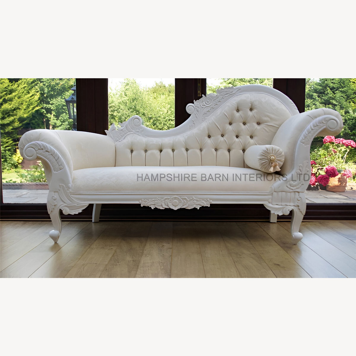 Antique White Wedding Stage Set 3 Piece Chaise Plus Two Matching Chairs With Crystals 2 - Hampshire Barn Interiors - Antique White Wedding Stage Set 3 Piece Chaise Plus Two Matching Chairs With Crystals -