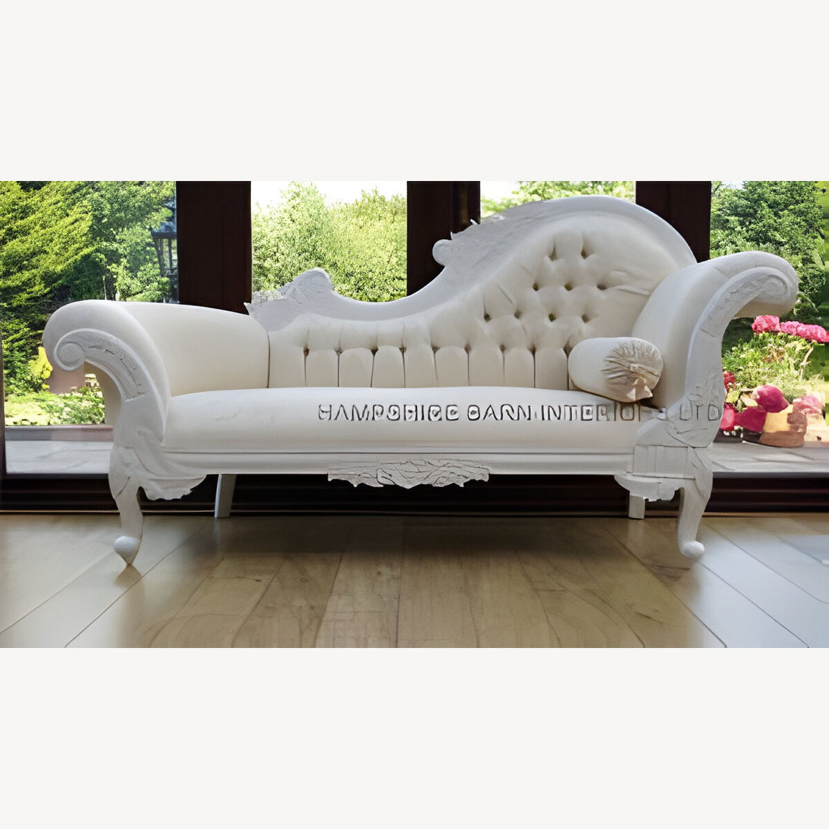Antique White Wedding Stage Set 3 Piece Chaise Plus Two Matching Chairs With Crystals 3 - Hampshire Barn Interiors - Antique White Wedding Stage Set 3 Piece Chaise Plus Two Matching Chairs With Crystals -