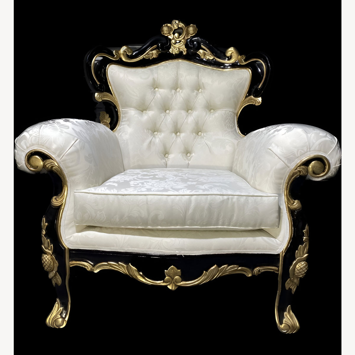 Antiqued Gold Leaf Louis Huge Arm Chair Black With Gold Shop Home Diva Shown In An Ivory Cream Damask Type Fabric 1 - Hampshire Barn Interiors - Antiqued Gold Leaf Louis Huge Arm Chair Black With Gold Shop Home Diva Shown In An Ivory Cream Damask Type Fabric -