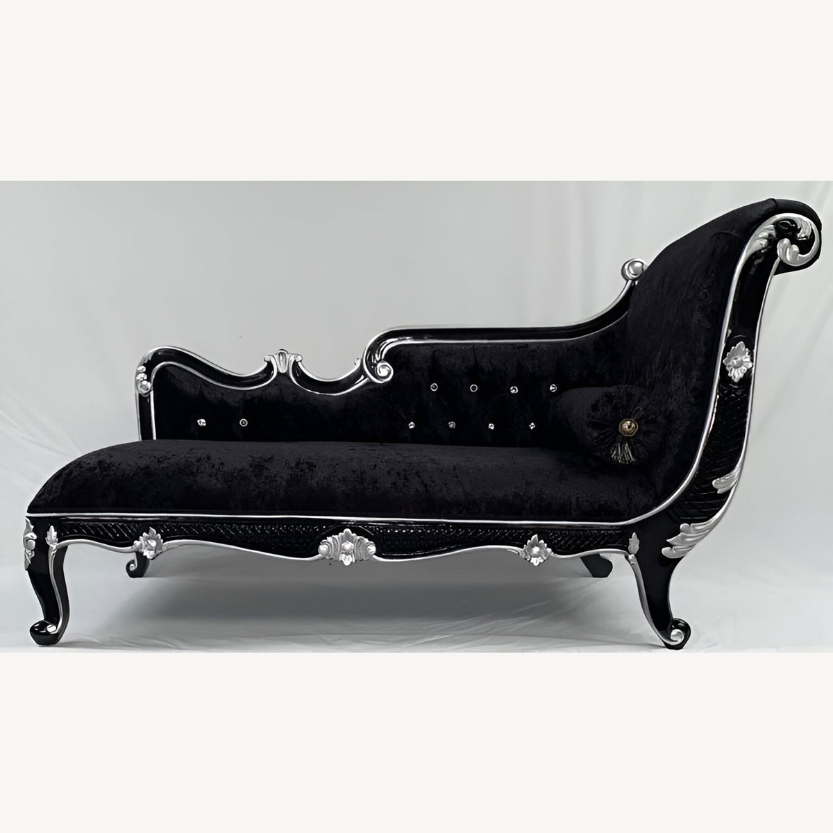 Armani Chaise Longue In Black With Silver Detailing And Blackberry Crushed Velvet Crystal Buttons Smaller Version 1 - Hampshire Barn Interiors - Armani Chaise Longue In Black With Silver Detailing And Blackberry Crushed Velvet Crystal Buttons Smaller Version -