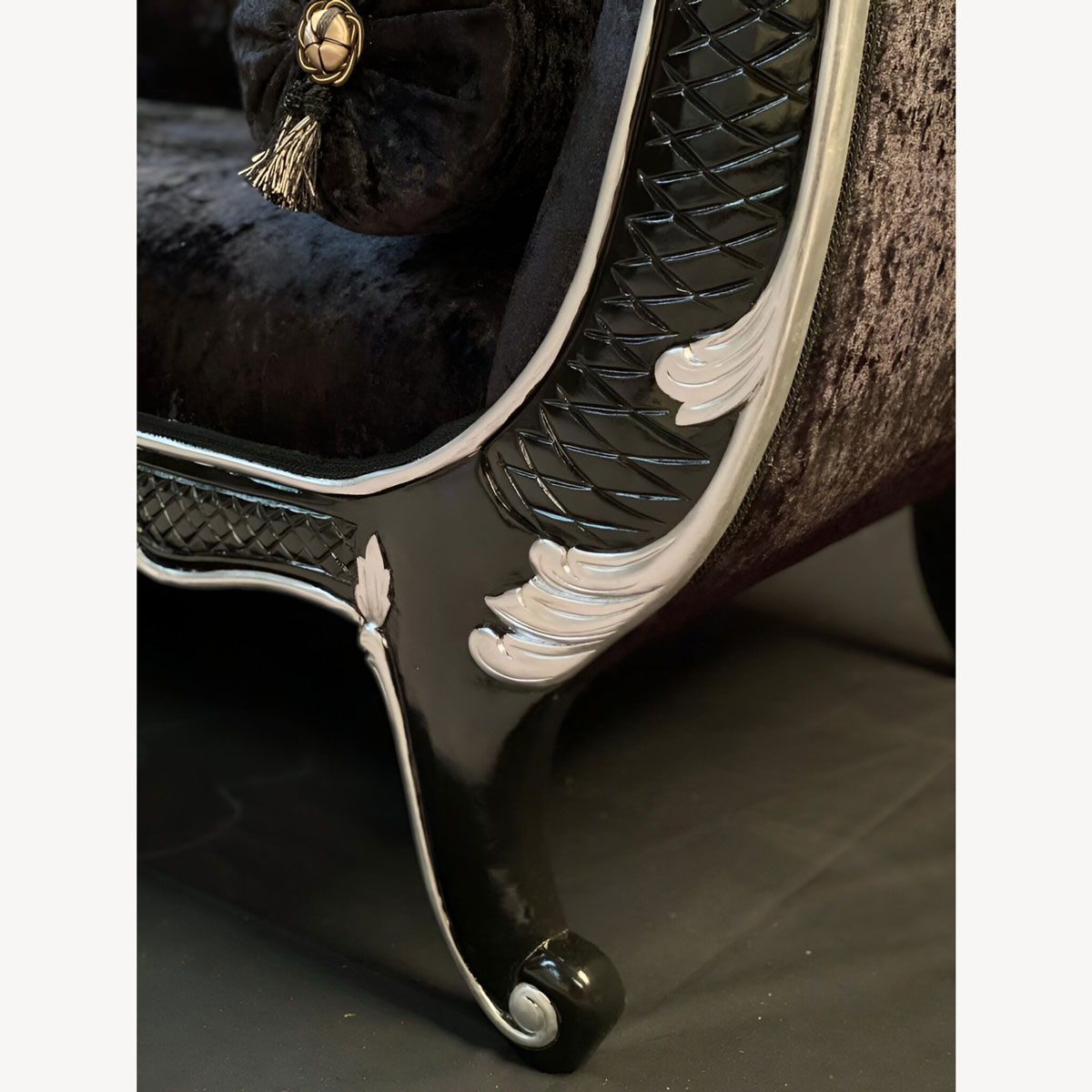 Armani Chaise Longue In Black With Silver Detailing And Blackberry Crushed Velvet Crystal Buttons Smaller Version 3 - Hampshire Barn Interiors - Armani Chaise Longue In Black With Silver Detailing And Blackberry Crushed Velvet Crystal Buttons Smaller Version -