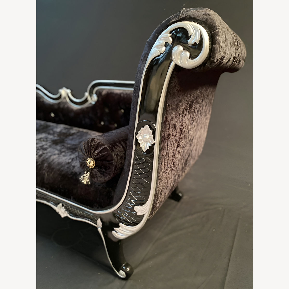 Armani Chaise Longue In Black With Silver Detailing And Blackberry Crushed Velvet Crystal Buttons Smaller Version 5 - Hampshire Barn Interiors - Armani Chaise Longue In Black With Silver Detailing And Blackberry Crushed Velvet Crystal Buttons Smaller Version -