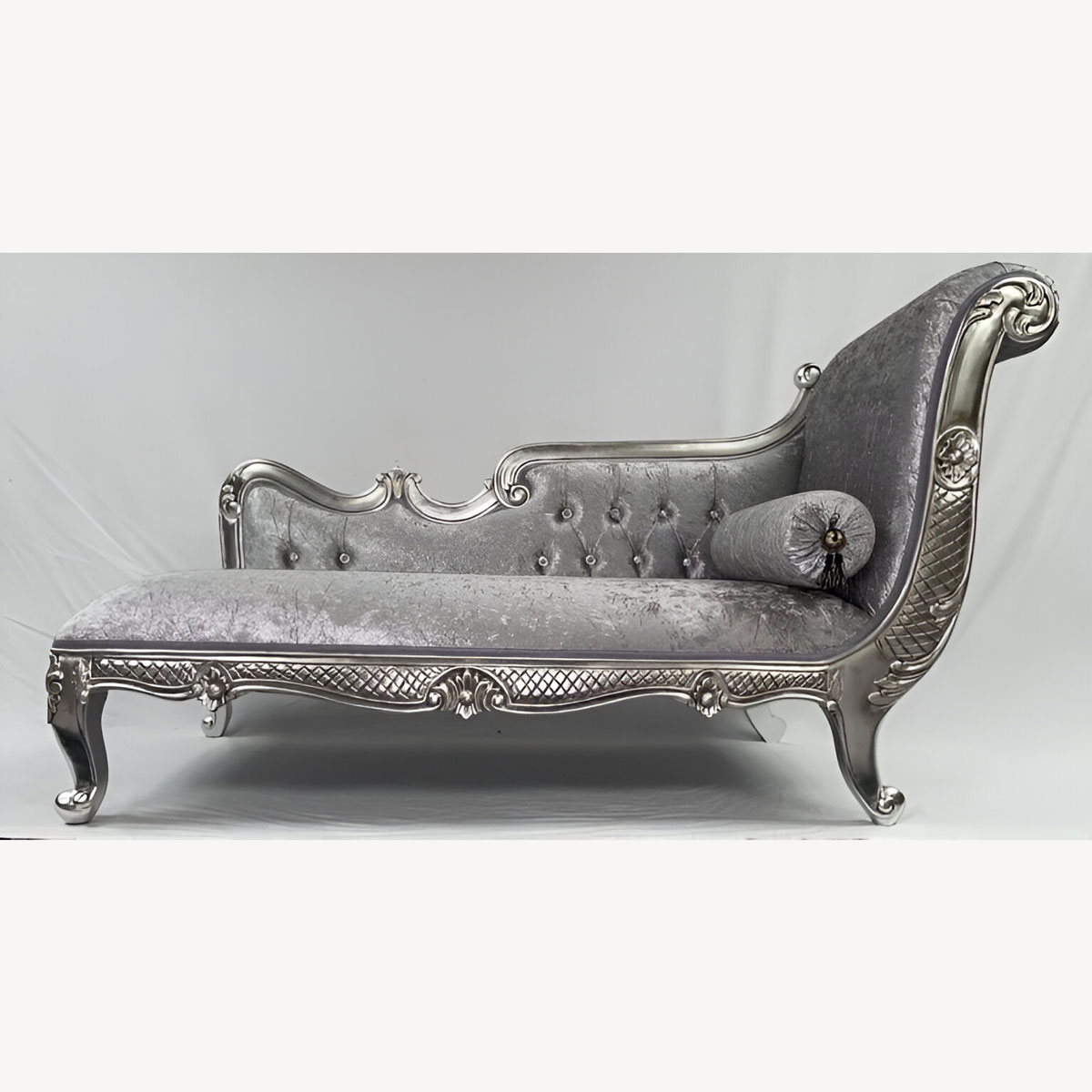 Armani Chaise Longue In Platinum Silver Frame Upholstered In Crushed Silver Velvet Smaller Version 1 - Hampshire Barn Interiors - Armani Chaise Longue In Platinum Silver Frame, Upholstered In Crushed Silver Velvet Smaller Version -