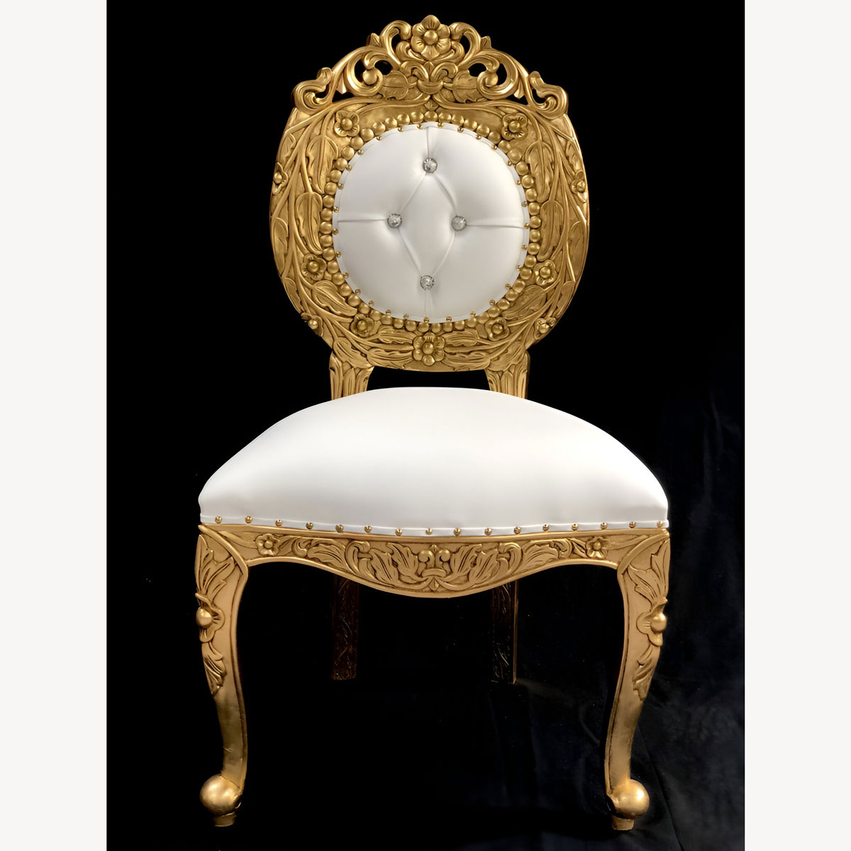 Avalon Ornate Gold Leaf Chair Upholstered In Bright White Easiclean Faux Leather With Crystal Buttons 1 - Hampshire Barn Interiors - Avalon Ornate Gold Leaf Chair Upholstered In Bright White Easiclean Faux Leather With Crystal Buttons -