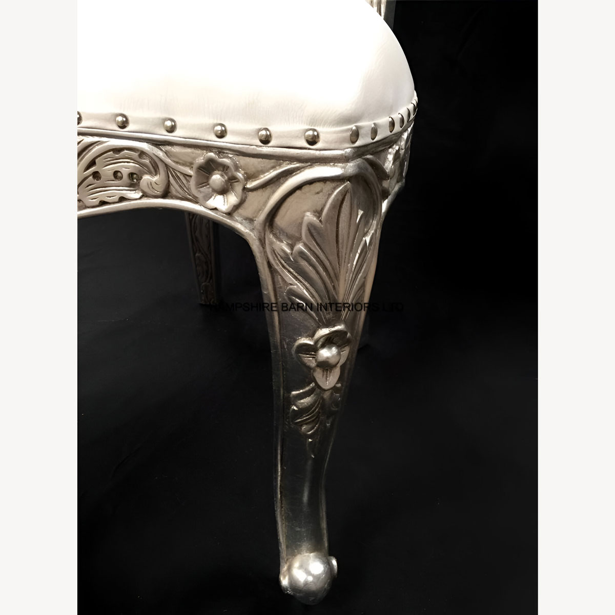 Avalon Ornate Silver Leaf Chair Upholstered In Easiclean White Faux Leather And Crystal Buttons 3 - Hampshire Barn Interiors - Avalon Ornate Silver Leaf Chair Upholstered In Easiclean White Faux Leather And Crystal Buttons -