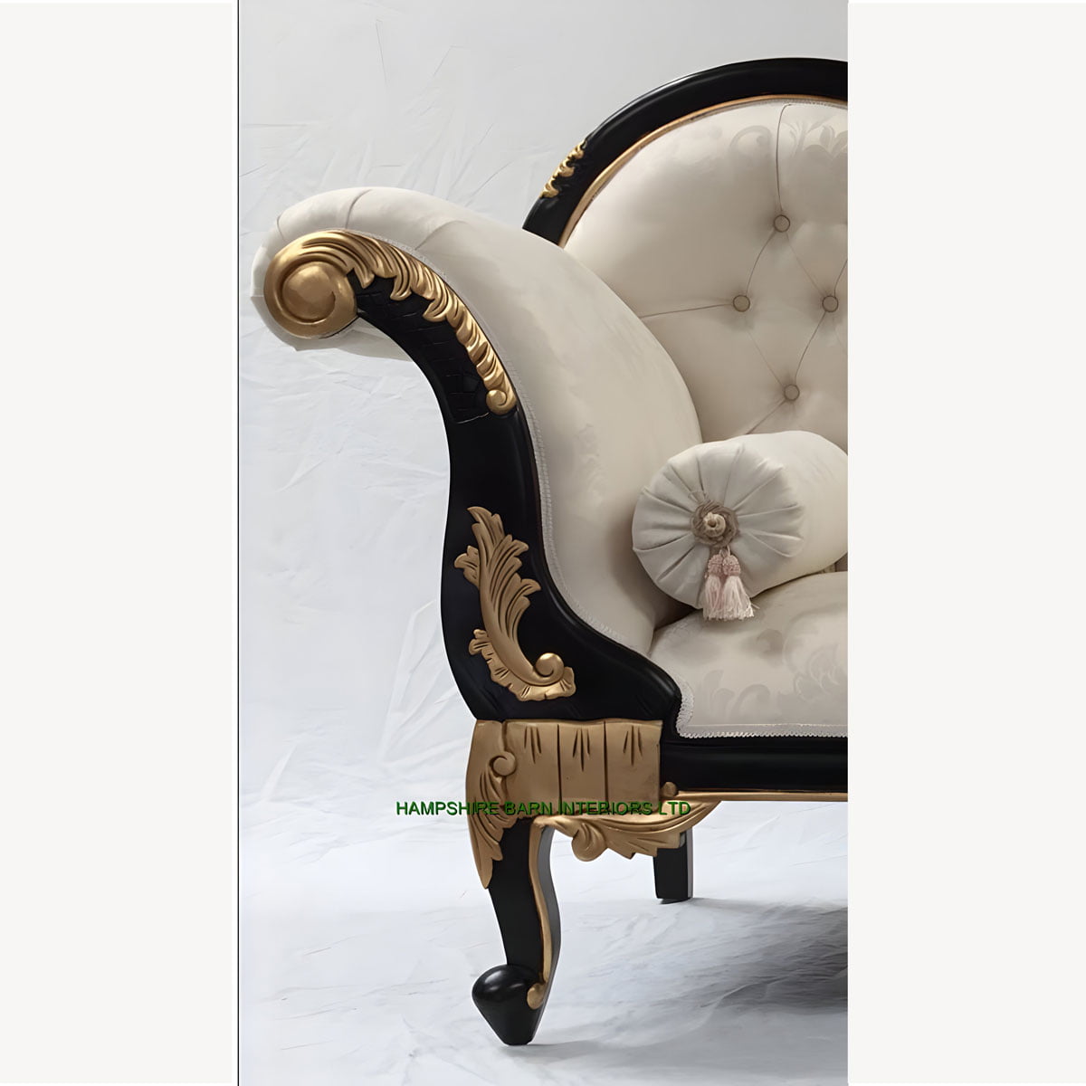 Beautiful Chaise Black Gold Frame With Ivory Cream Fabric Medium Size 3 - Hampshire Barn Interiors - Beautiful Chaise Black & Gold Frame With Ivory Cream Fabric Medium Size -