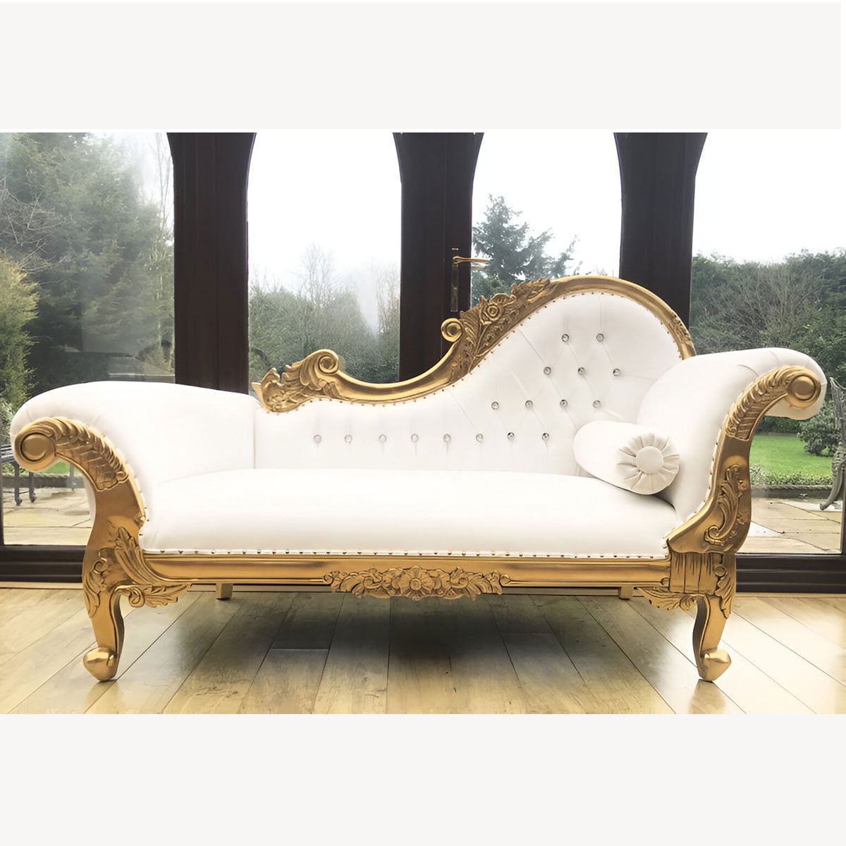 Beautiful Chaise Gold Leaf Frame With Bright White Faux Leather Medium Size With Crystal Buttons 1 - Hampshire Barn Interiors - Home - Hampshire Barn Interiors News