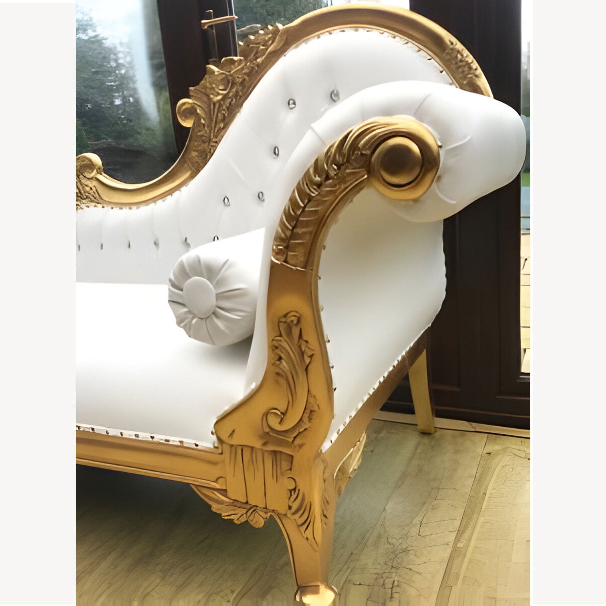 Beautiful Chaise Gold Leaf Frame With Bright White Faux Leather Medium Size With Crystal Buttons 2 - Hampshire Barn Interiors - Home - Hampshire Barn Interiors News
