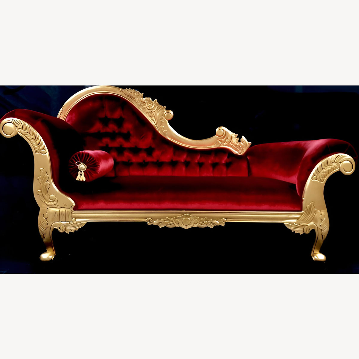 Beautiful Chaise Gold Leaf Frame With Red Velvet Fabric Medium Size 1 - Hampshire Barn Interiors - Beautiful Chaise Gold Leaf Frame With Red Velvet Fabric Medium Size -