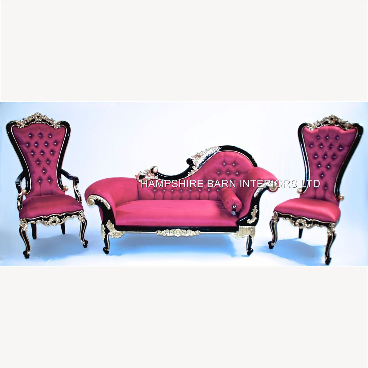 Beautiful Fuchsia Pink Hampshire Chaise With Black Frame With Ornate Gold Highlights With Crystals 5 - Hampshire Barn Interiors - Beautiful Fuchsia Pink Hampshire Chaise With Black Frame With Ornate Gold Highlights With Crystals -