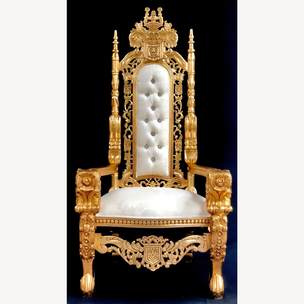 Beautiful Gold Large Flower Rose Carved Throne Chair In Ivory Cream Damask Fabric And Crystal Buttons 1 - Hampshire Barn Interiors - Beautiful Gold Large Flower Rose Carved Throne Chair In Ivory Cream Damask Fabric And Crystal Buttons -