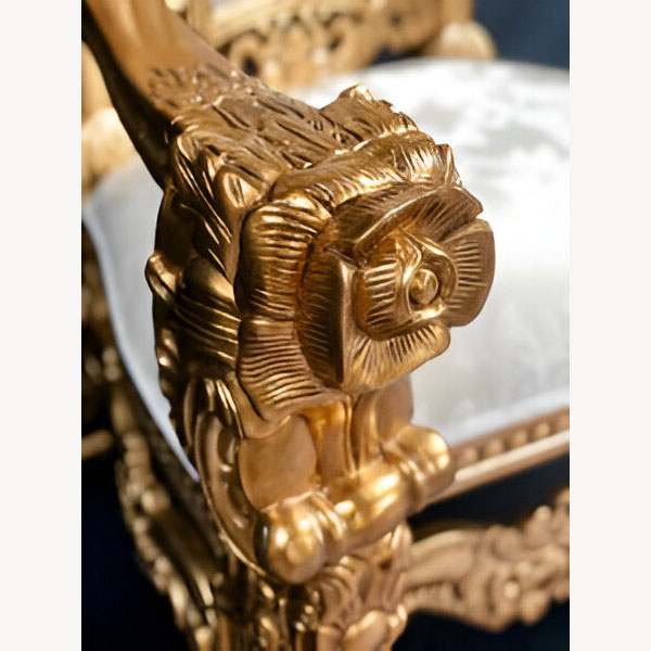 Beautiful Gold Large Flower Rose Carved Throne Chair In Ivory Cream Damask Fabric And Crystal Buttons 5 - Hampshire Barn Interiors - Beautiful Gold Large Flower Rose Carved Throne Chair In Ivory Cream Damask Fabric And Crystal Buttons -