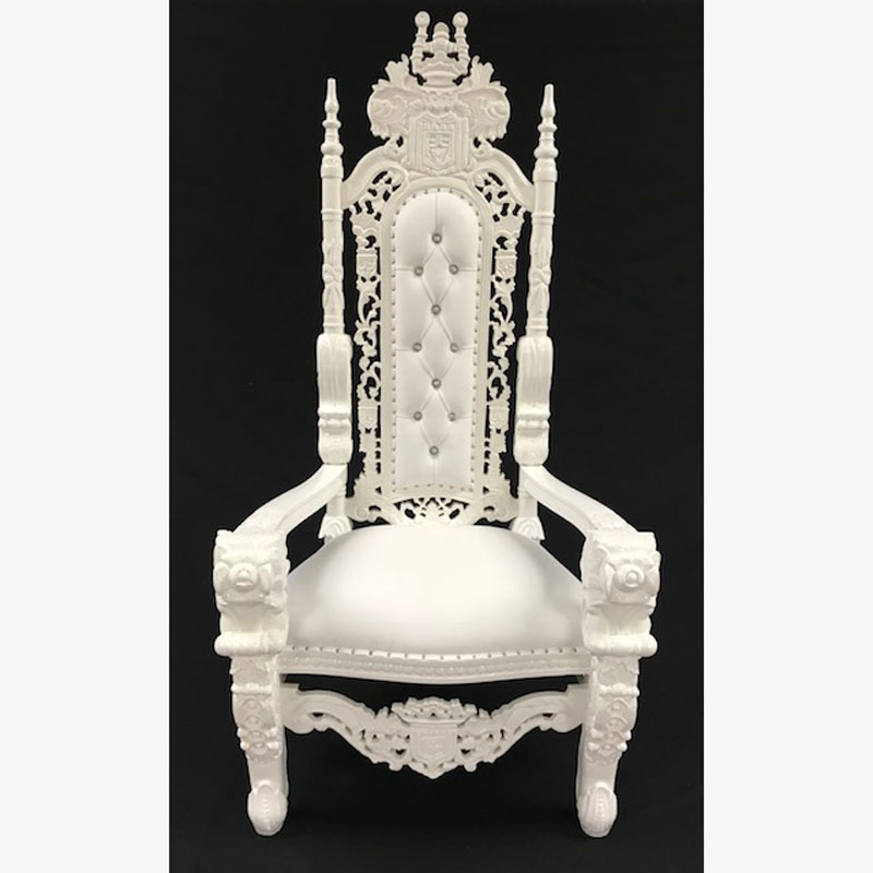 Beautiful Large Flower Rose Carved Throne Chair In Gloss Lacquered White With White Faux Leather And Crystal Buttons 1 - Hampshire Barn Interiors - Beautiful Large Flower Rose Carved Throne Chair In Gloss Lacquered White With White Faux Leather And Crystal Buttons -