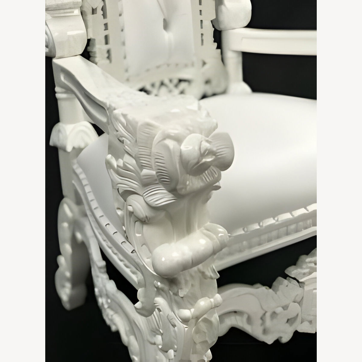Beautiful Large Flower Rose Carved Throne Chair In Gloss Lacquered White With White Faux Leather And Crystal Buttons 6 - Hampshire Barn Interiors - Beautiful Large Flower Rose Carved Throne Chair In Gloss Lacquered White With White Faux Leather And Crystal Buttons -