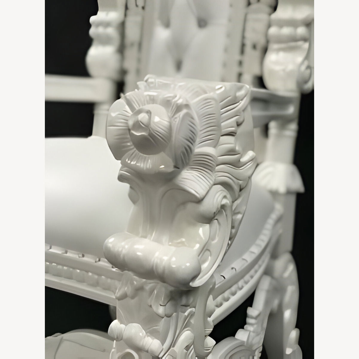 Beautiful Large Flower Rose Carved Throne Chair In Gloss Lacquered White With White Faux Leather And Crystal Buttons 9 - Hampshire Barn Interiors - Beautiful Large Flower Rose Carved Throne Chair In Gloss Lacquered White With White Faux Leather And Crystal Buttons -