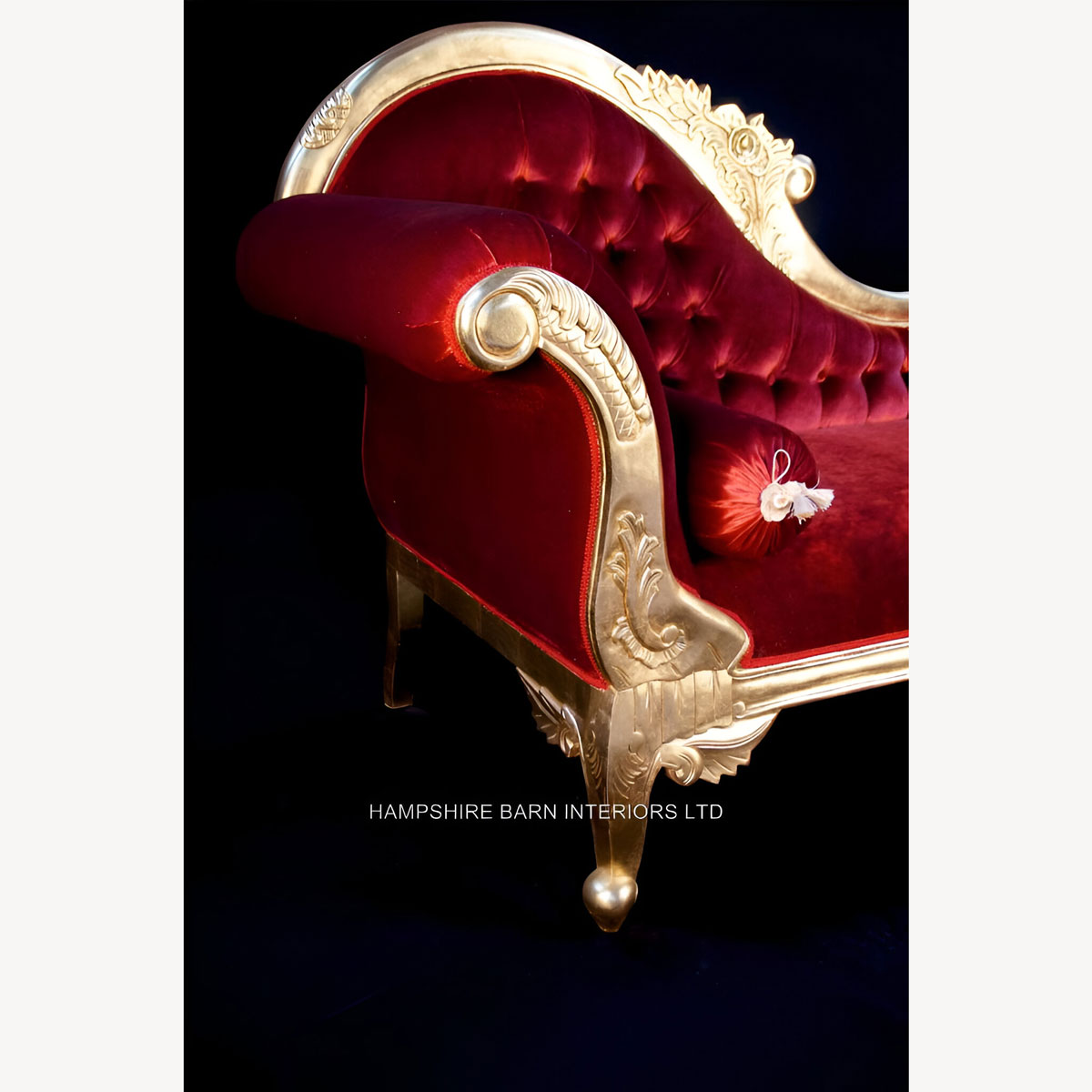 Beautiful Large Gold Leaf Red Velvet Hampshire Chaise Longue Stunning 5 - Hampshire Barn Interiors - Beautiful Large Gold Leaf & Red Velvet Hampshire Chaise Longue Stunning -
