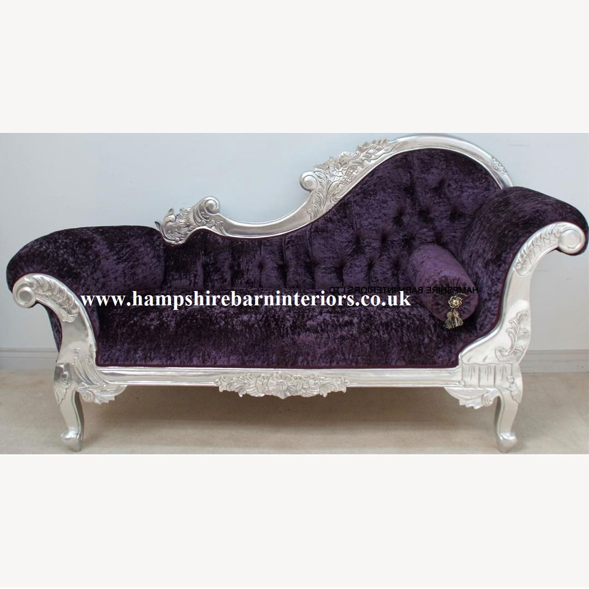 Beautiful Silver Leaf And Purple Crushed Velvet Designers Chaise 1 - Hampshire Barn Interiors - Beautiful Silver Leaf And Purple Crushed Velvet Designers Chaise -