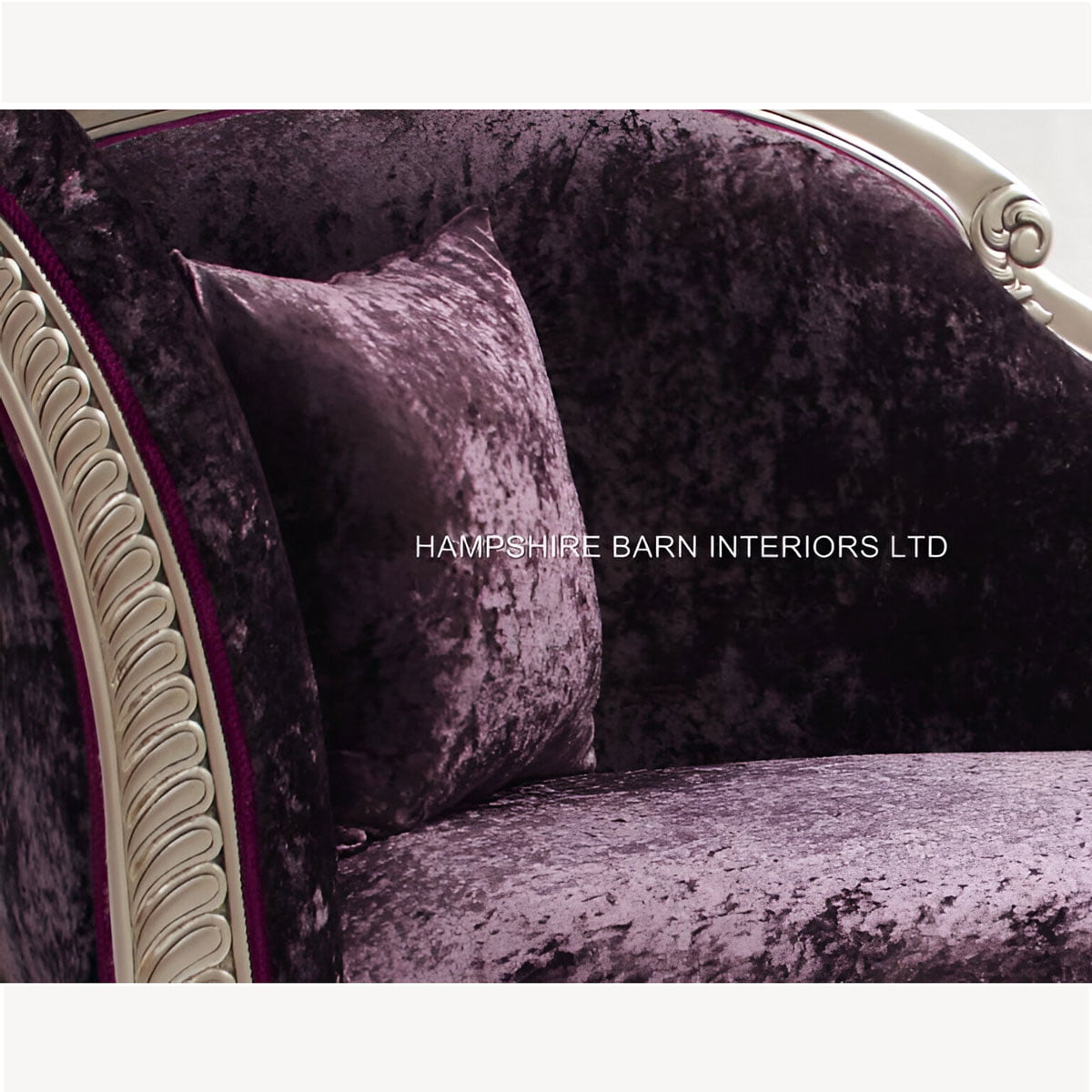 Beautiful Silver Leaf Ornate Platinum Chaise With Crushed Purple Mulberry Velvet 3 - Hampshire Barn Interiors - Beautiful Silver Leaf Ornate Platinum Chaise With Crushed Purple Mulberry Velvet -