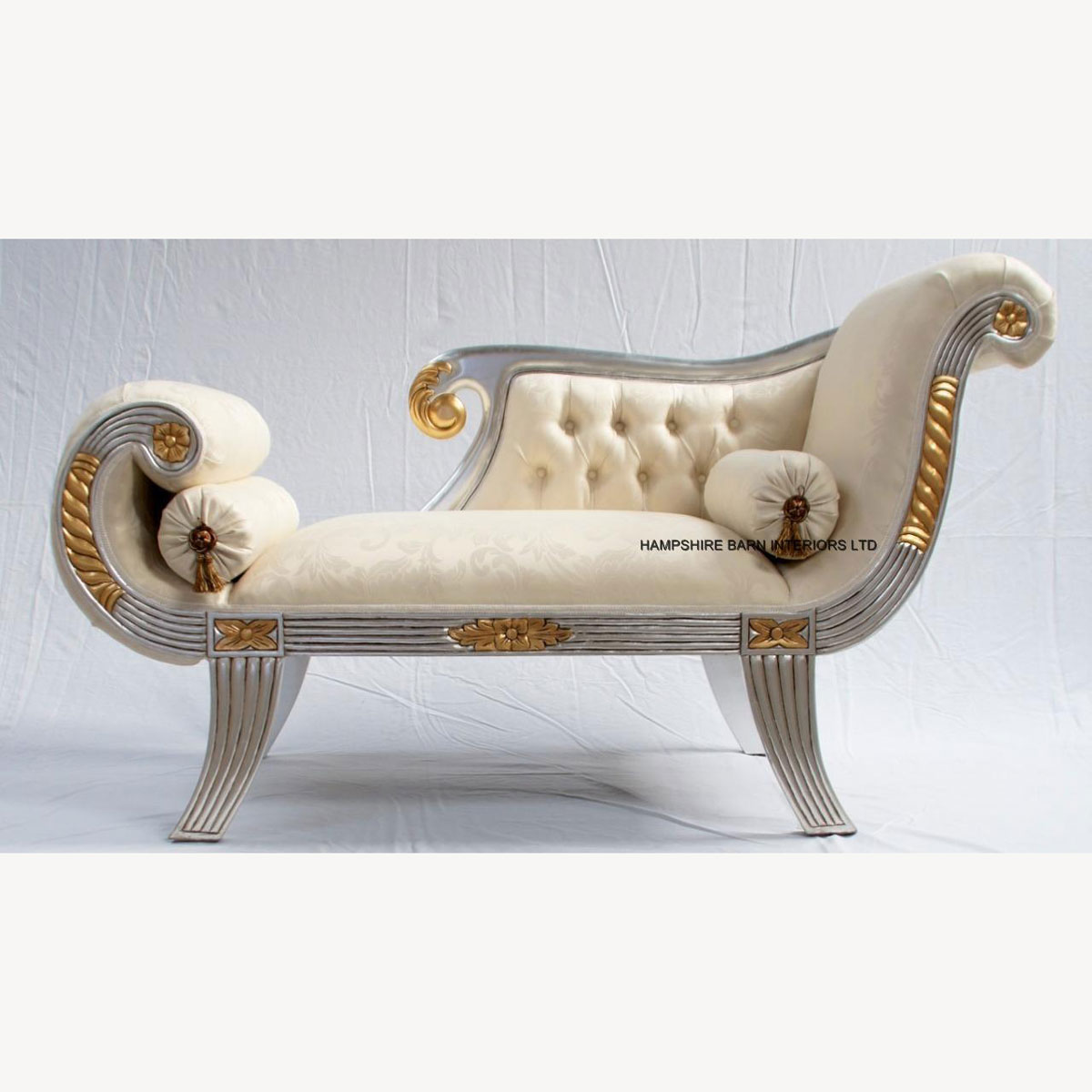 Beautiful Small Knightsbridge Chaise Longue Shown In Silver Leaf Frame With Gold Detailing And Ivory Cream Fabric 1 - Hampshire Barn Interiors - Beautiful Small Knightsbridge Chaise Longue Shown In Silver Leaf Frame With Gold Detailing And Ivory Cream Fabric -