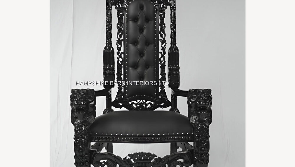 Black Gothic Lion Throne Chair Sexy Black Faux Leather With Silver Upholstery Studs 1 - Hampshire Barn Interiors - Black Gothic Lion Throne Chair Sexy Black Faux Leather With Silver Upholstery Studs -