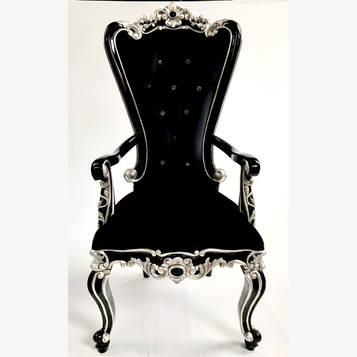 Black Mayfair Dining Carver Throne Black And Silver Baroque With Crystal Buttons 3 - Hampshire Barn Interiors - Black Mayfair Dining Carver Throne Black And Silver Baroque With Crystal Buttons -