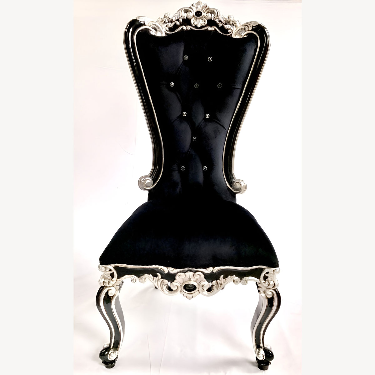 Black Mayfair Dining Throne Black And Silver Baroque With Crystal Buttons 1 - Hampshire Barn Interiors - Black Mayfair Dining Throne Black And Silver Baroque With Crystal Buttons -