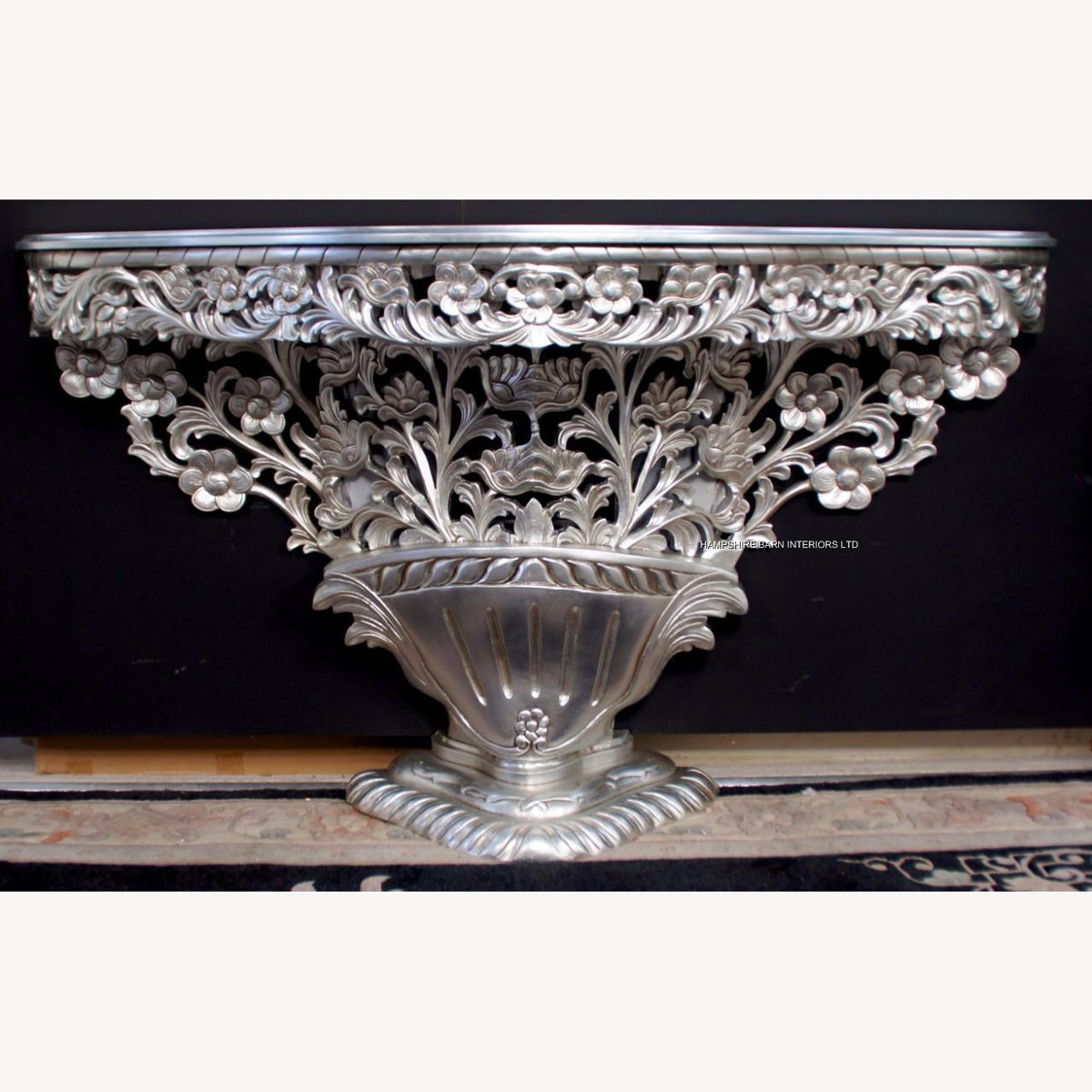 Bouquet De Fleur Silver Leaf Hall Console Table Flower Carved Mahogany Also In Gold 1 - Hampshire Barn Interiors - Bouquet De Fleur Silver Leaf Hall Console Table Flower Carved Mahogany ( Also In Gold) -