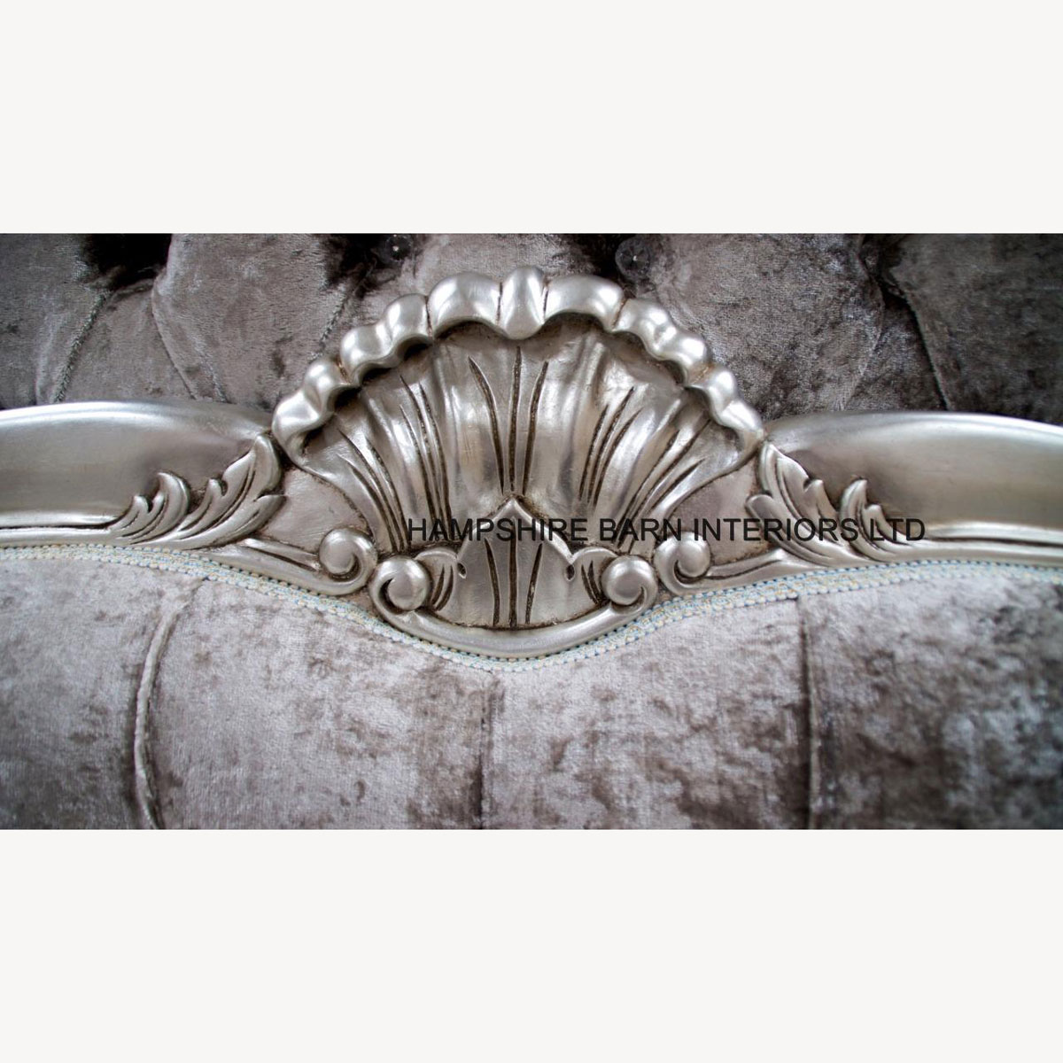Cannes French Style Ornate Bed Frame In Silver Leaf With Silver Mercury Crushed Velvet And Crystal Buttons 3 - Hampshire Barn Interiors - Cannes French Style Ornate Bed Frame In Silver Leaf With Silver Mercury Crushed Velvet And Crystal Buttons -