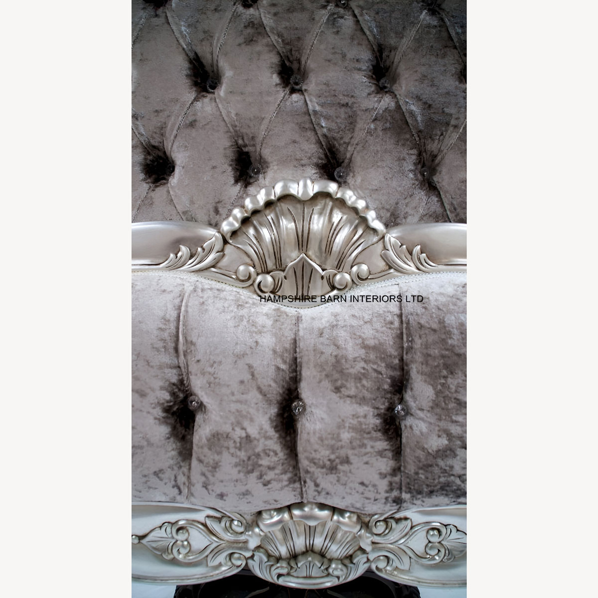 Cannes French Style Ornate Bed Frame In Silver Leaf With Silver Mercury Crushed Velvet And Crystal Buttons 4 - Hampshire Barn Interiors - Cannes French Style Ornate Bed Frame In Silver Leaf With Silver Mercury Crushed Velvet And Crystal Buttons -