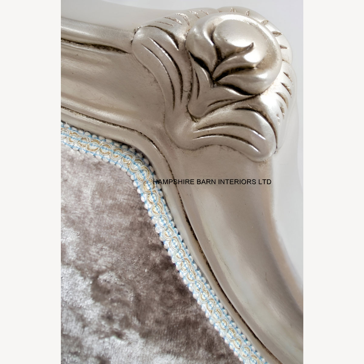 Cannes French Style Ornate Bed Frame In Silver Leaf With Silver Mercury Crushed Velvet And Crystal Buttons 6 1 - Hampshire Barn Interiors - Cannes French Style Ornate Bed Frame In Silver Leaf With Silver Mercury Crushed Velvet And Crystal Buttons -